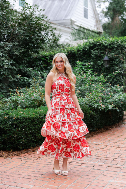 Floral Tiered Halter Bow Midi Dress