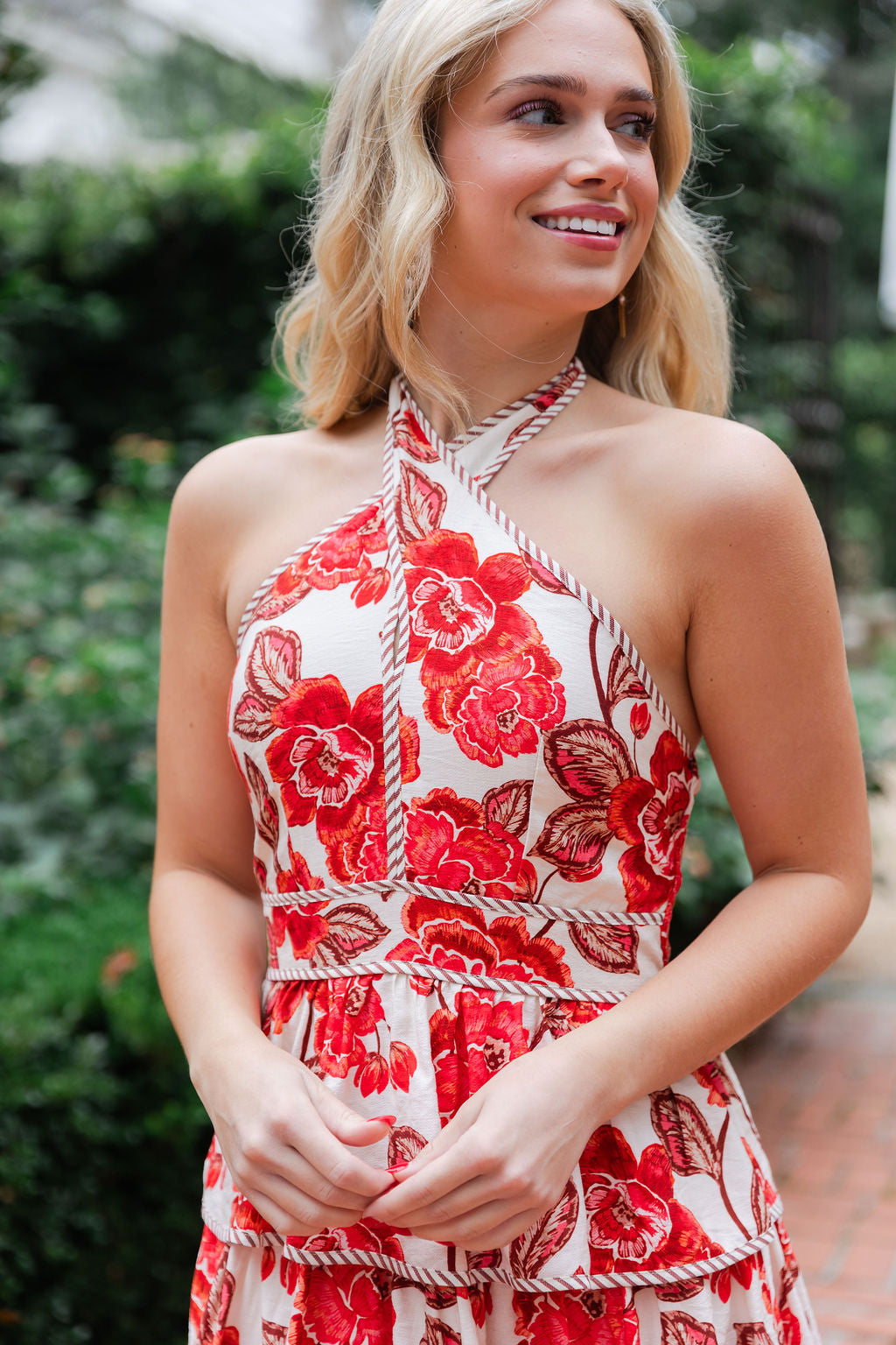 Floral Tiered Halter Bow Midi Dress