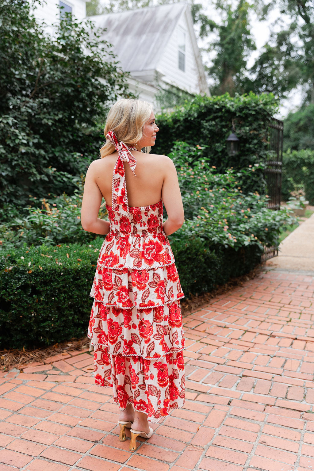Floral Tiered Halter Bow Midi Dress