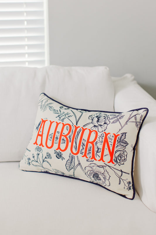 Auburn Toile Pillow with Navy Piping