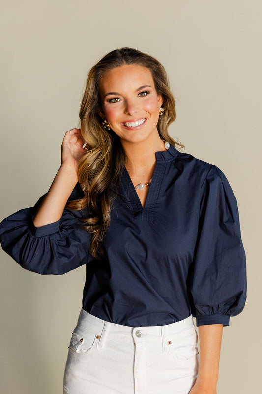 Ruffled Mock Neck Poplin Top