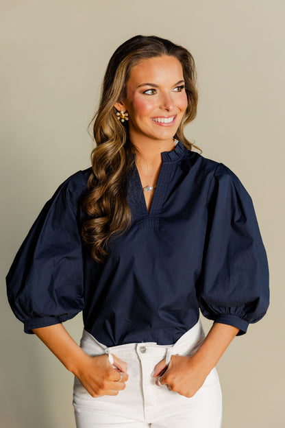 Ruffled Mock Neck Poplin Top