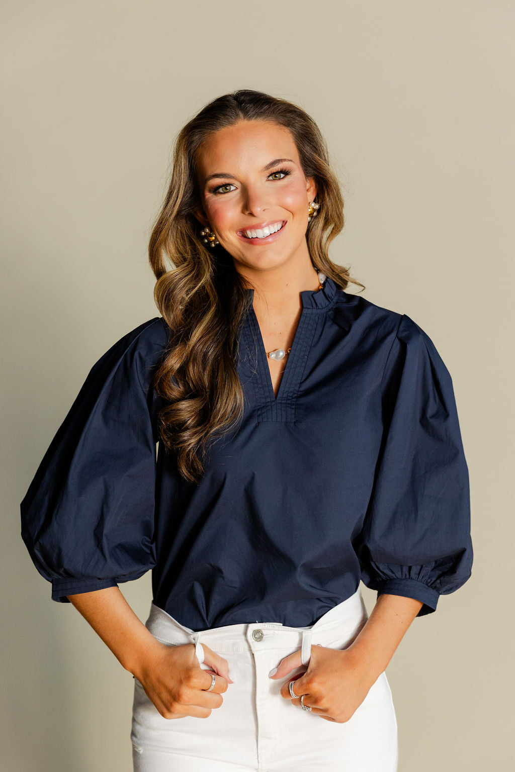 Ruffled Mock Neck Poplin Top