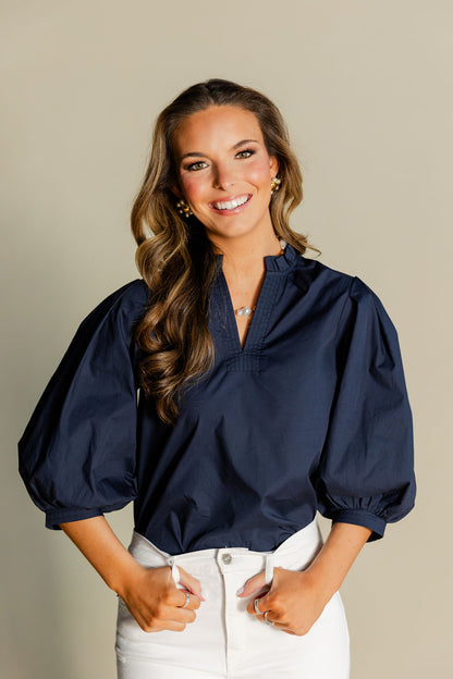 Ruffled Mock Neck Poplin Top
