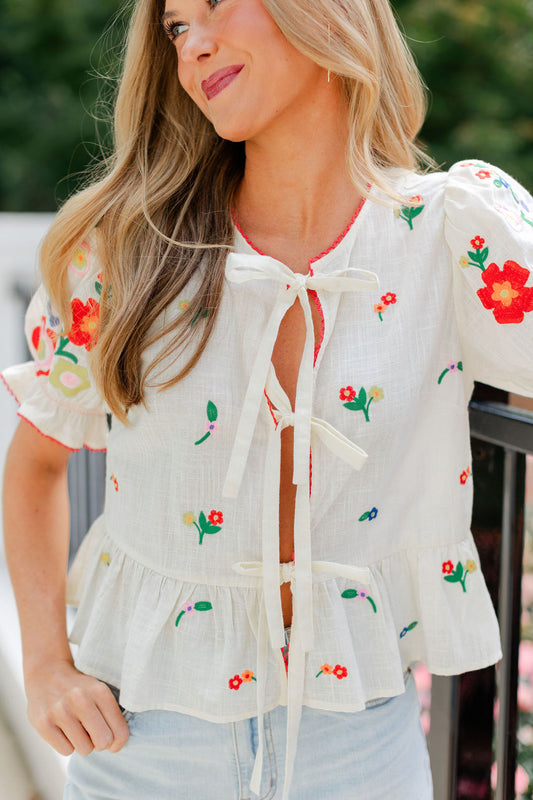 Embroidered Tie Front Top