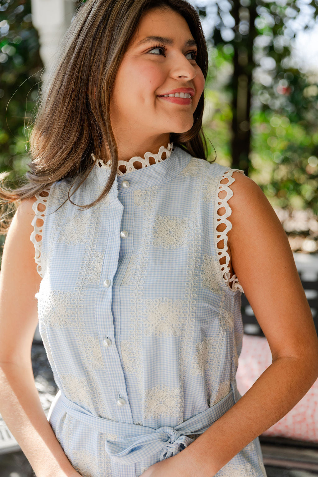 Gingham Embroidered Tie Waist Mini Dress