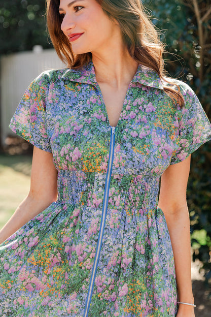 Collared Zip Front Floral Dress