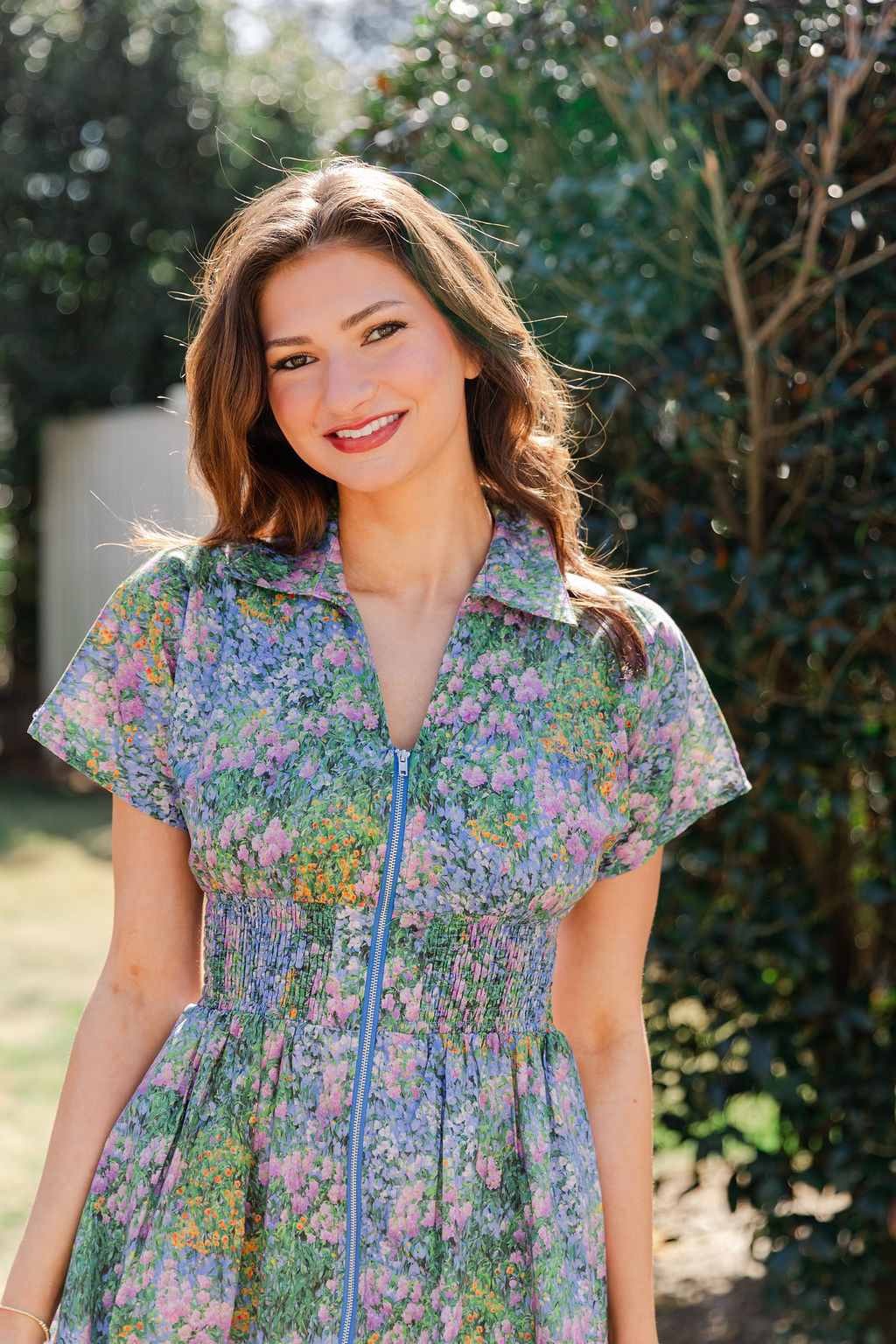 Collared Zip Front Floral Dress