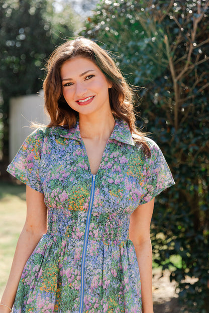 Collared Zip Front Floral Dress