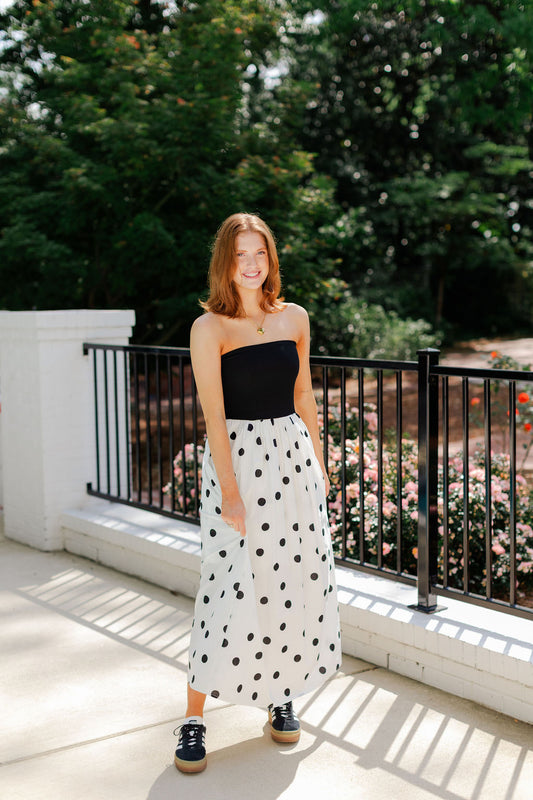 Strapless Polka Dot Midi Dress