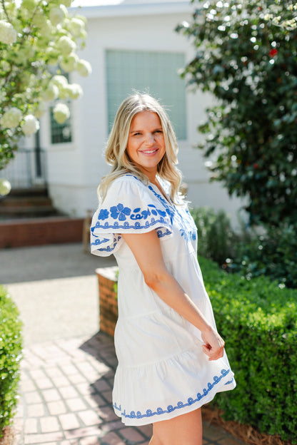 FLUTTER SLEEVE EMBROIDERED MINI DRESS