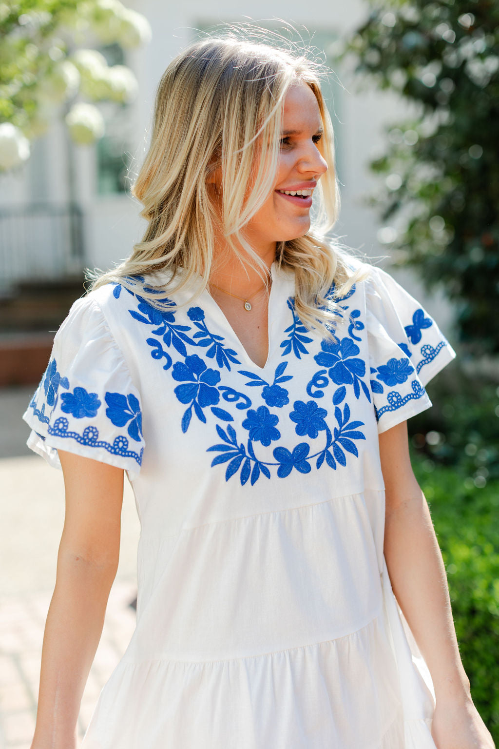 FLUTTER SLEEVE EMBROIDERED MINI DRESS