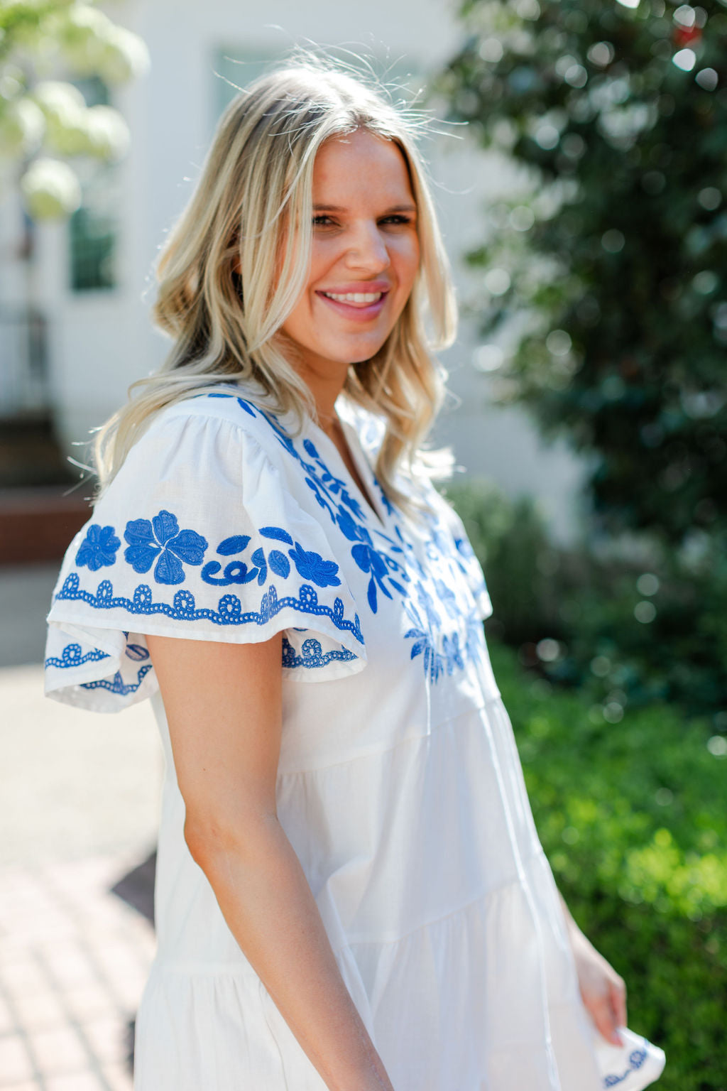 FLUTTER SLEEVE EMBROIDERED MINI DRESS