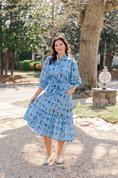 Ruffle Neck Tie Waist Midi Dress