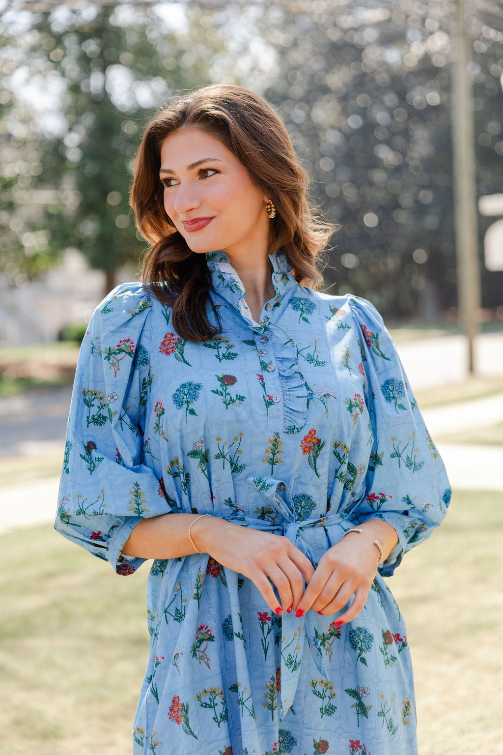 Ruffle Neck Tie Waist Midi Dress