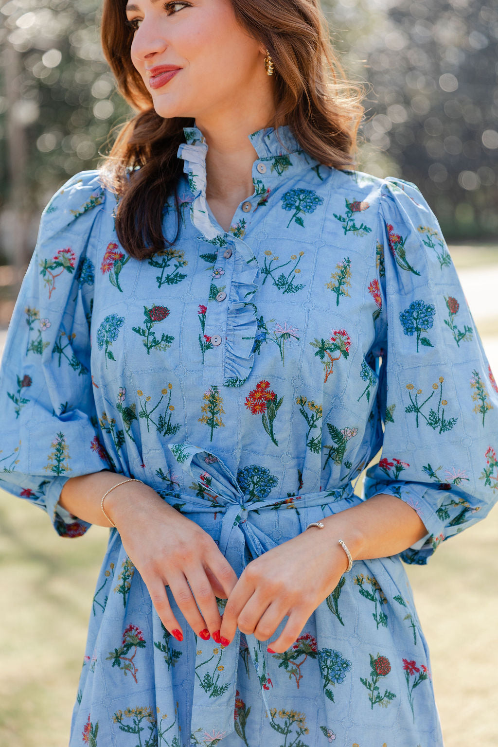 Ruffle Neck Tie Waist Midi Dress