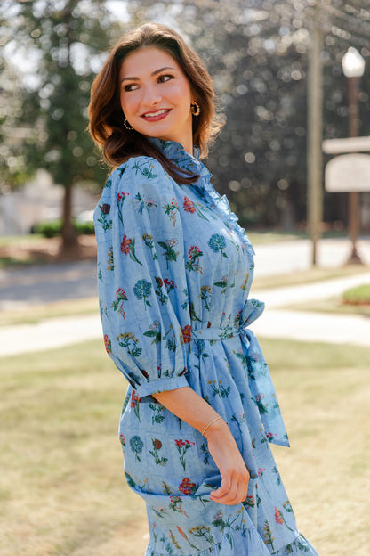 Ruffle Neck Tie Waist Midi Dress