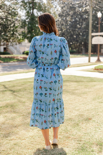 Ruffle Neck Tie Waist Midi Dress
