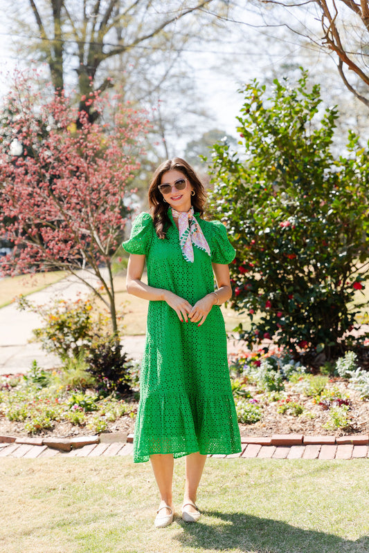 Eyelet Ruffle Mock Neck Midi Dress