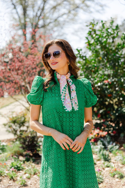 Eyelet Ruffle Mock Neck Midi Dress
