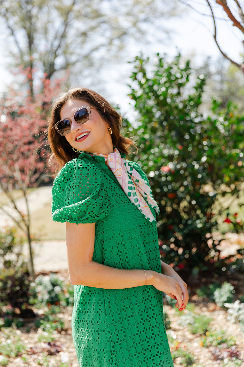 Eyelet Ruffle Mock Neck Midi Dress