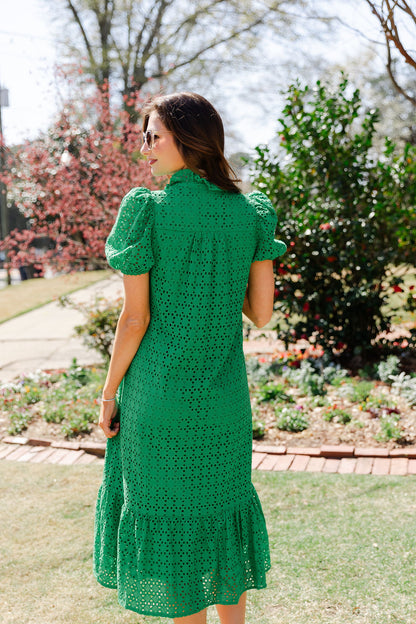 Eyelet Ruffle Mock Neck Midi Dress