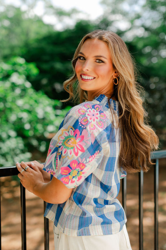 Bright Side Embroidered Checkered Top