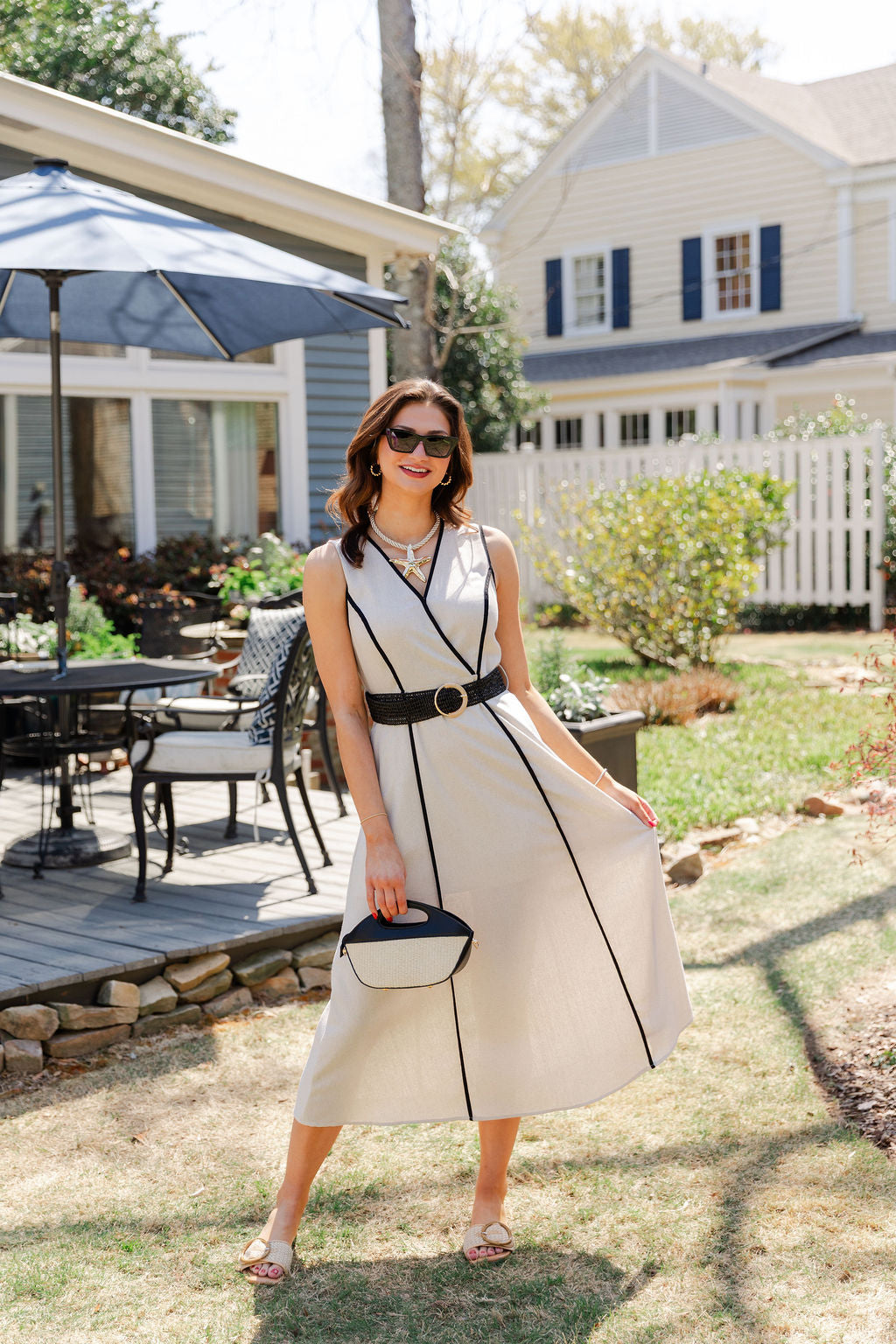 Belted Contrast Piping Dress