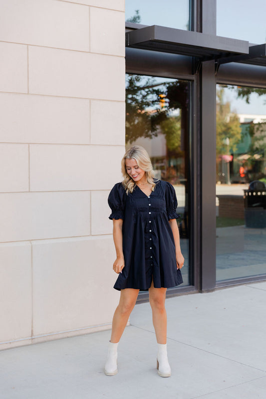 Button Detail V Neck Dress