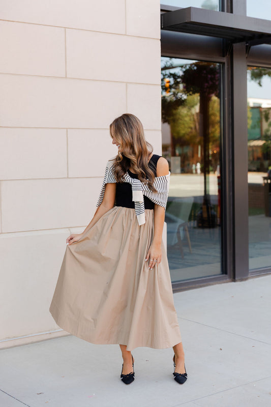 Ribbed Top Woven Skirt Dress