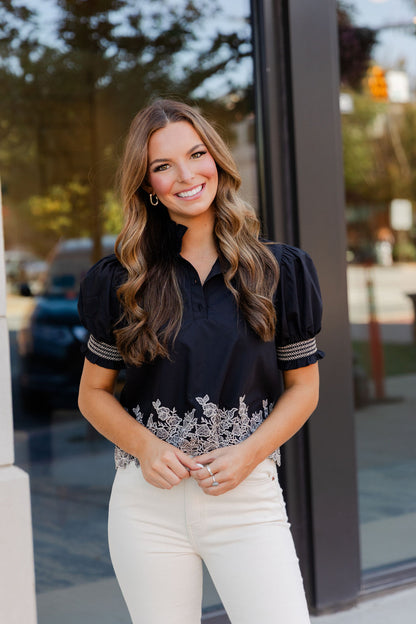 Embroidered Smocked Cuff Top