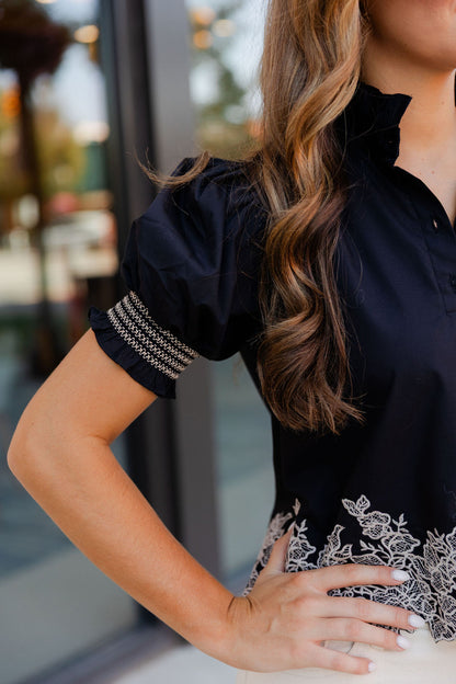 Embroidered Smocked Cuff Top