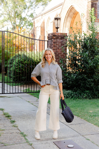 Striped Button Down Ruffle Hem Top