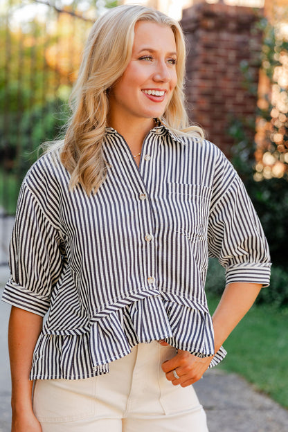 Striped Button Down Ruffle Hem Top