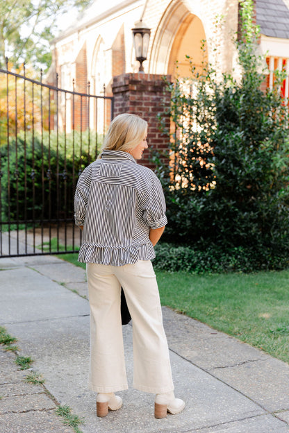 Striped Button Down Ruffle Hem Top