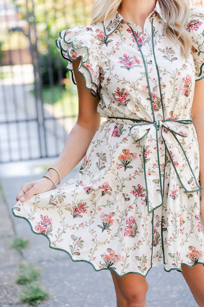 Belted Flutter Sleeve Dress