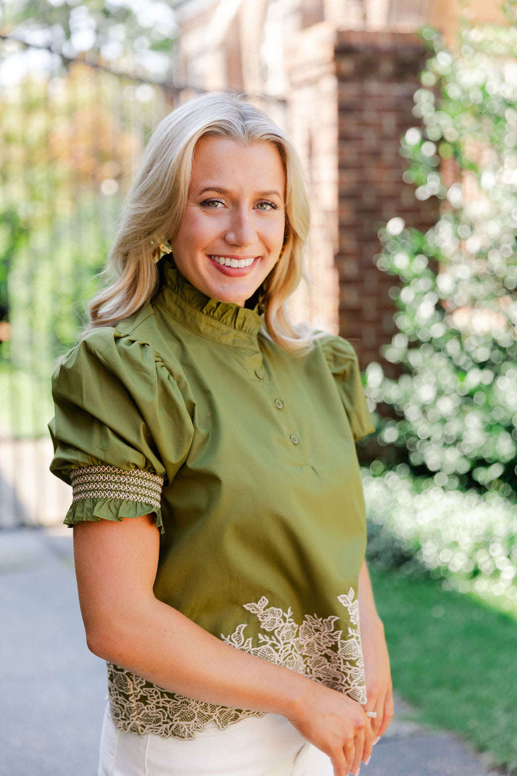 Embroidered Smocked Cuff Top