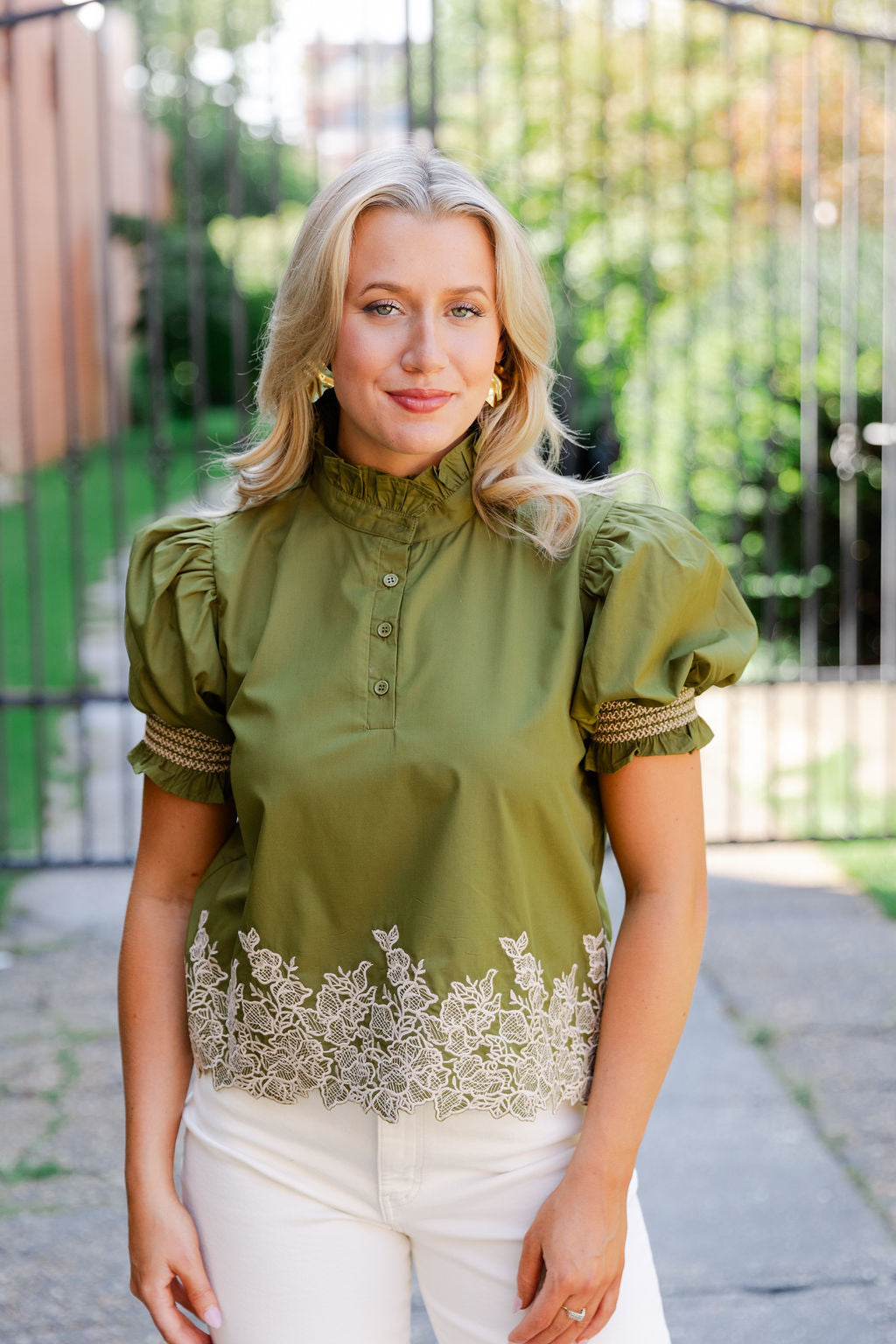 Embroidered Smocked Cuff Top