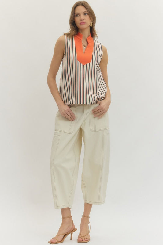 Striped Contrast Neckline Top