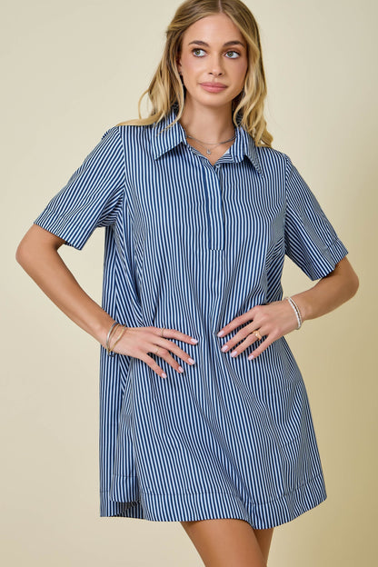 Striped Short Sleeve A-line Shirt Swing Dress