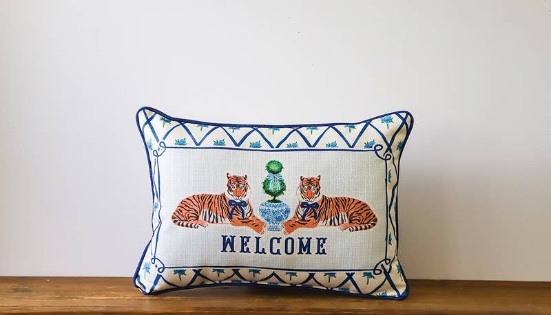 Chinoiserie Tiger Welcome Piped Pillow