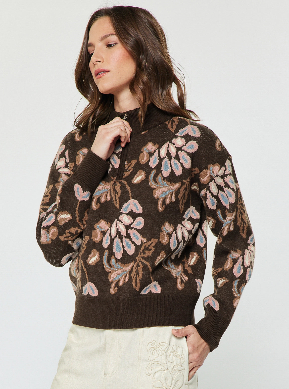 Pattern Jacquard Half Zip-Up Sweater