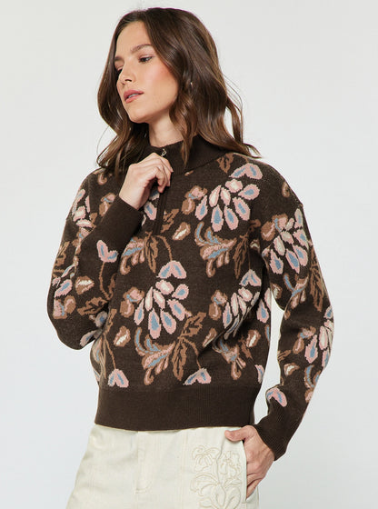 Pattern Jacquard Half Zip-Up Sweater