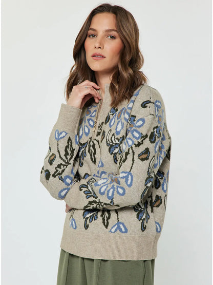 Pattern Jacquard Half Zip-Up Sweater