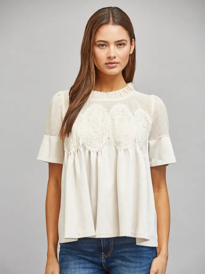 Sheer Mesh Upper Panel with Lace Applique Faux Suede Top