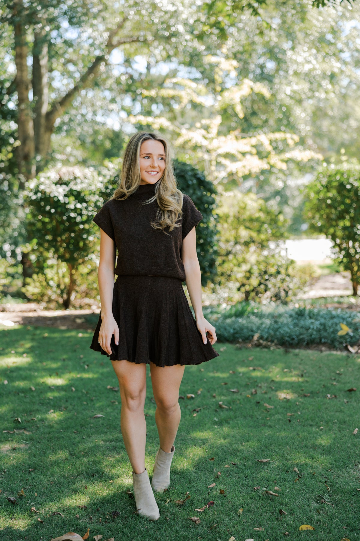 Brown Turtleneck Crop Top and Pleated Skirt Set