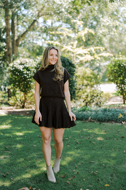 Brown Turtleneck Crop Top and Pleated Skirt Set