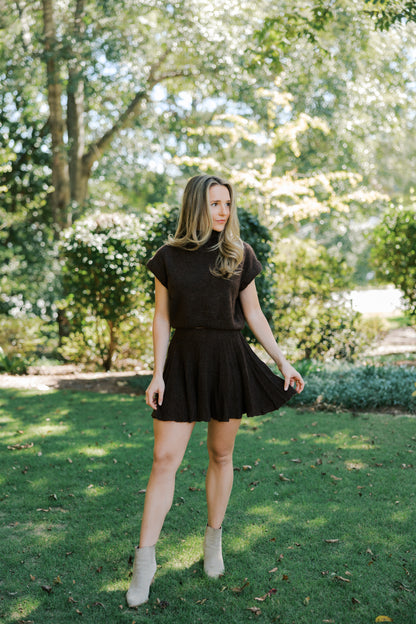 Brown Turtleneck Crop Top and Pleated Skirt Set