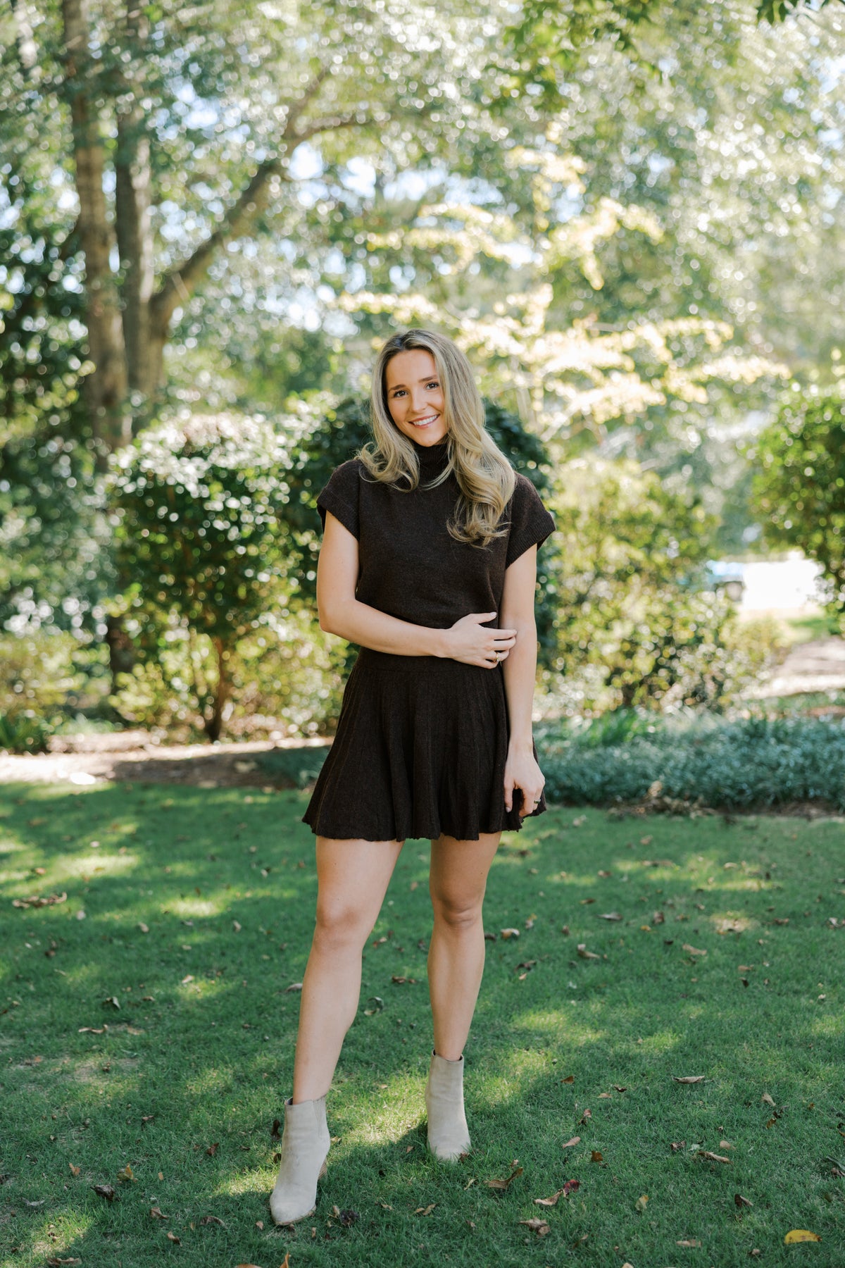 Brown Turtleneck Crop Top and Pleated Skirt Set