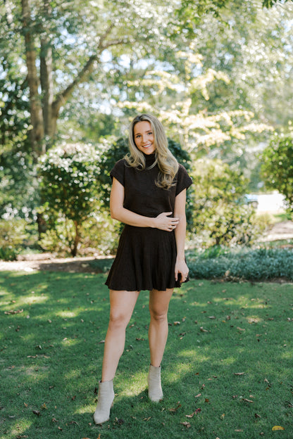 Brown Turtleneck Crop Top and Pleated Skirt Set